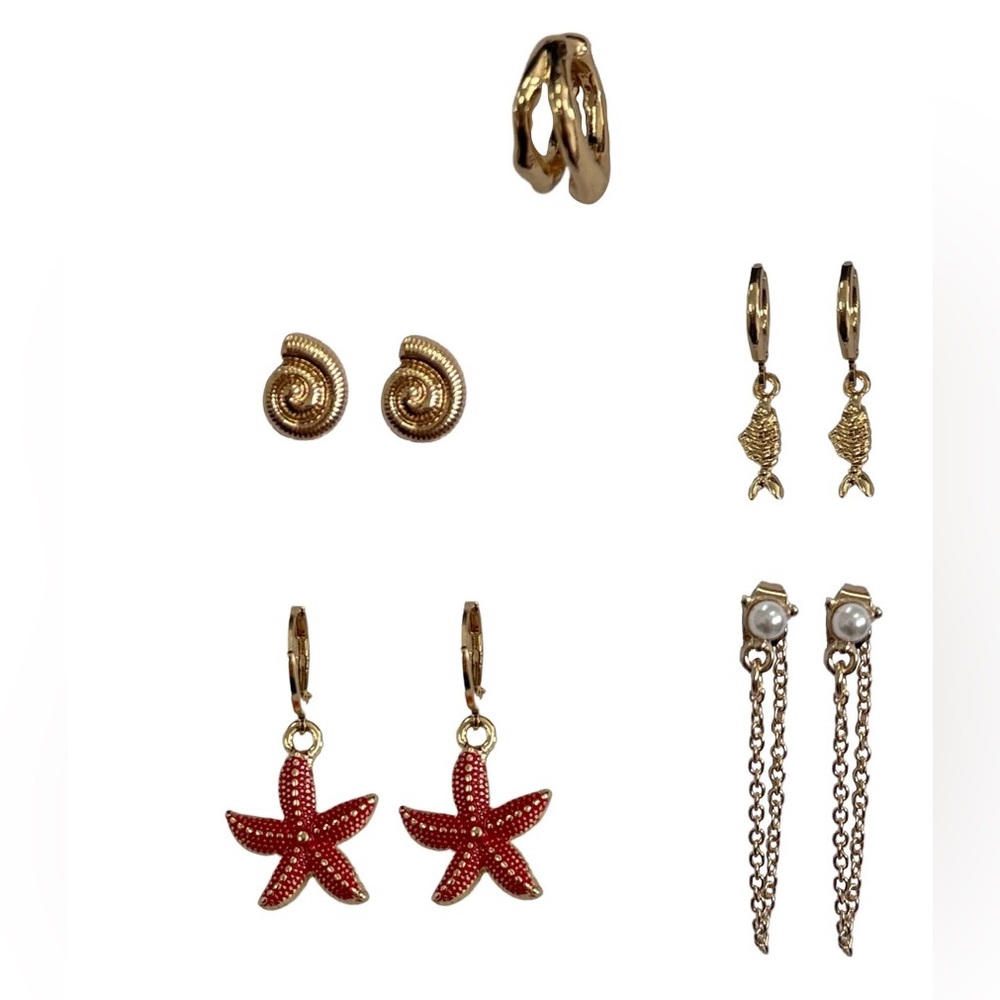 NWT No Boundaries 6pc Beach Earring Set Starfish Shell Gold Boho Summer